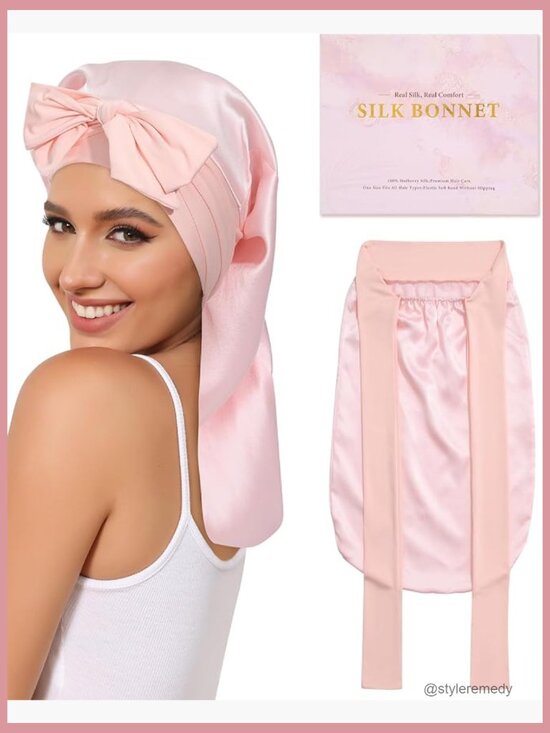 100% Mulberry Silk Long Hair Bonnet for Sleeping Anti-Frizz Hair Wrap